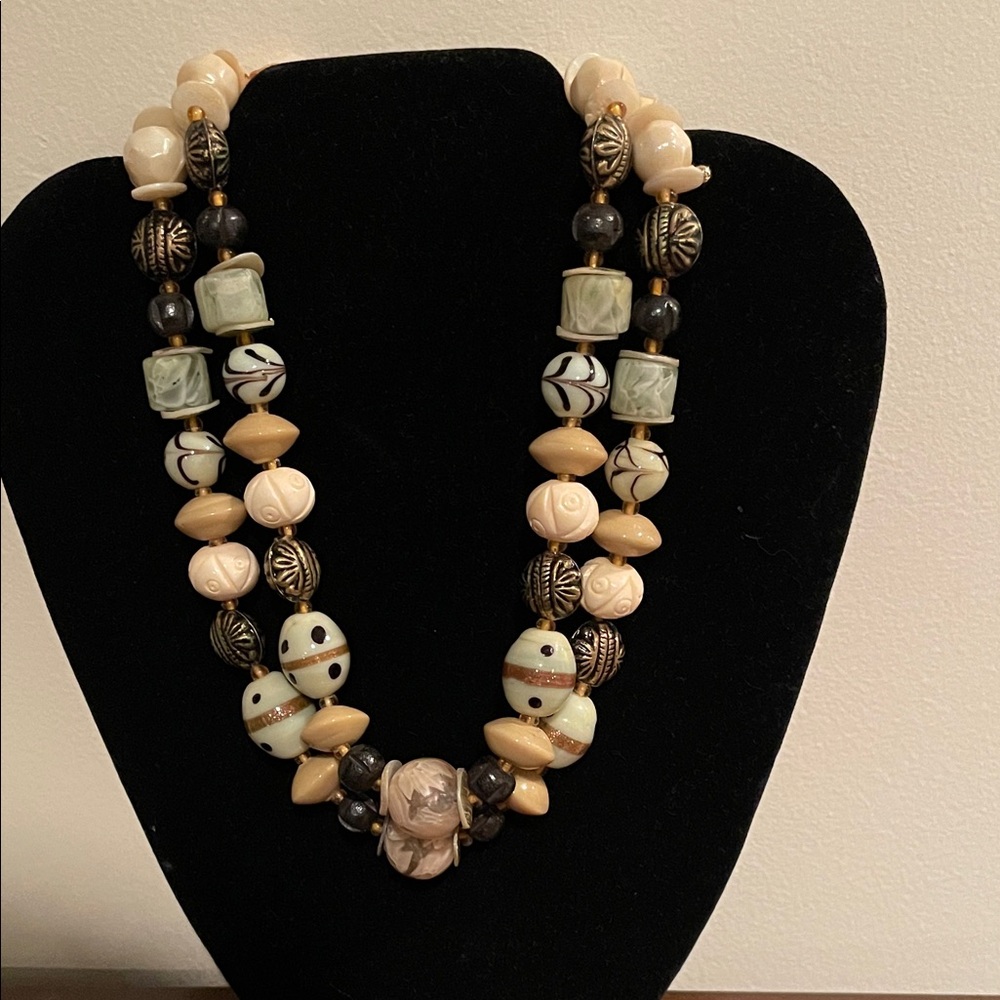 Elegant Beaded Necklace - Cream and Black Double Row